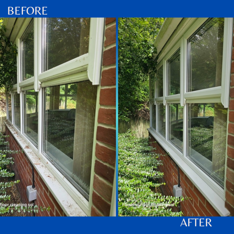 A side-by-side comparison of a window cleaning in Portsmouth Comparison of window cleaning results, showing clear glass on the right and dirty glass on the left.