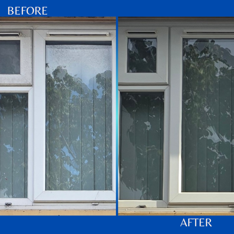 Professional window cleaning in Portsmouth. Comparison of a window before and after cleaning, showing improved clarity and brightness.