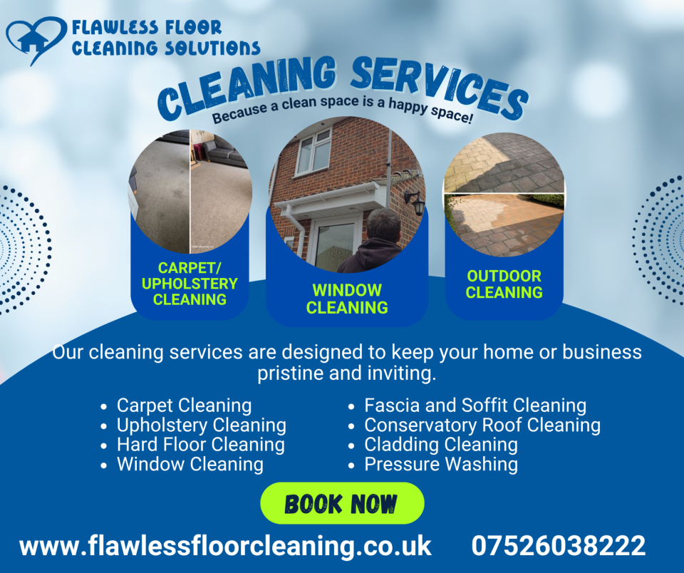 Promotional graphic for cleaning services, detailing various cleaning options and contact information.