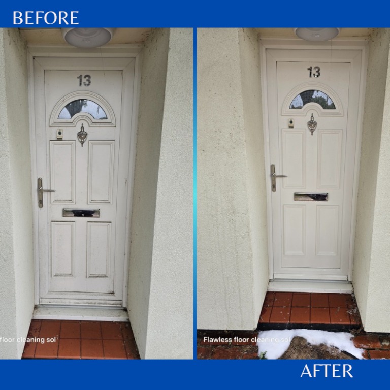 Window cleaning in Hampshire Wooden door makeover, showing the transformation from old to newly renovated style.